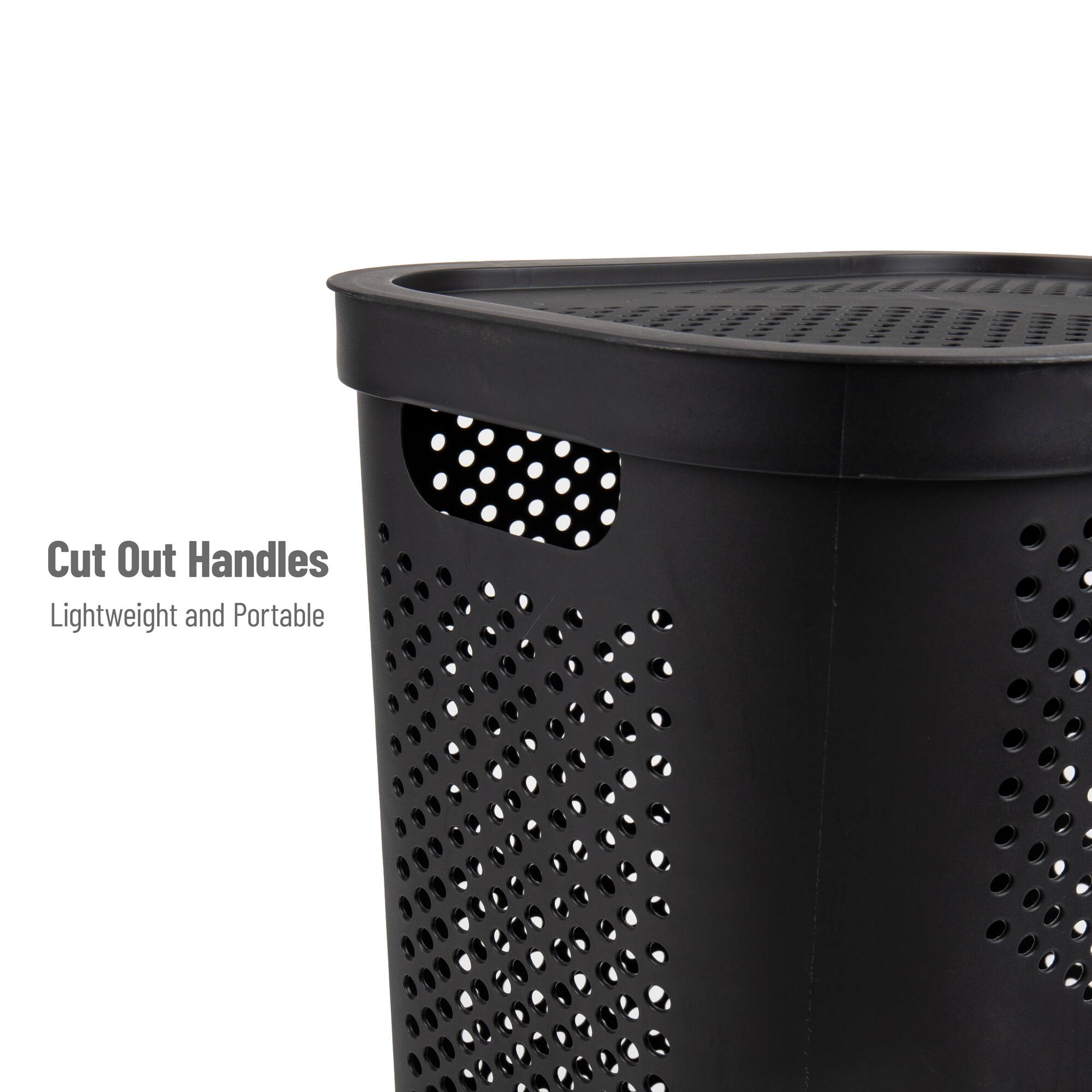 Mind Reader 60L Black Ventilated Slim Laundry Hamper with Cut Out Handles & Hinged Lid